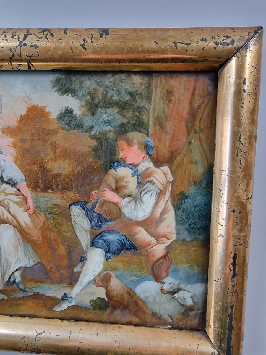 Fixé sous verre représentant une scène pastorale - Fin du XVIIIe siècle 18e-photo-3