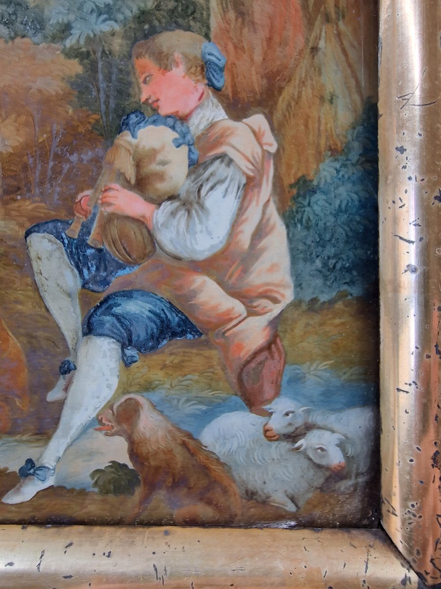 Fixé sous verre représentant une scène pastorale - Fin du XVIIIe siècle 18e-photo-1