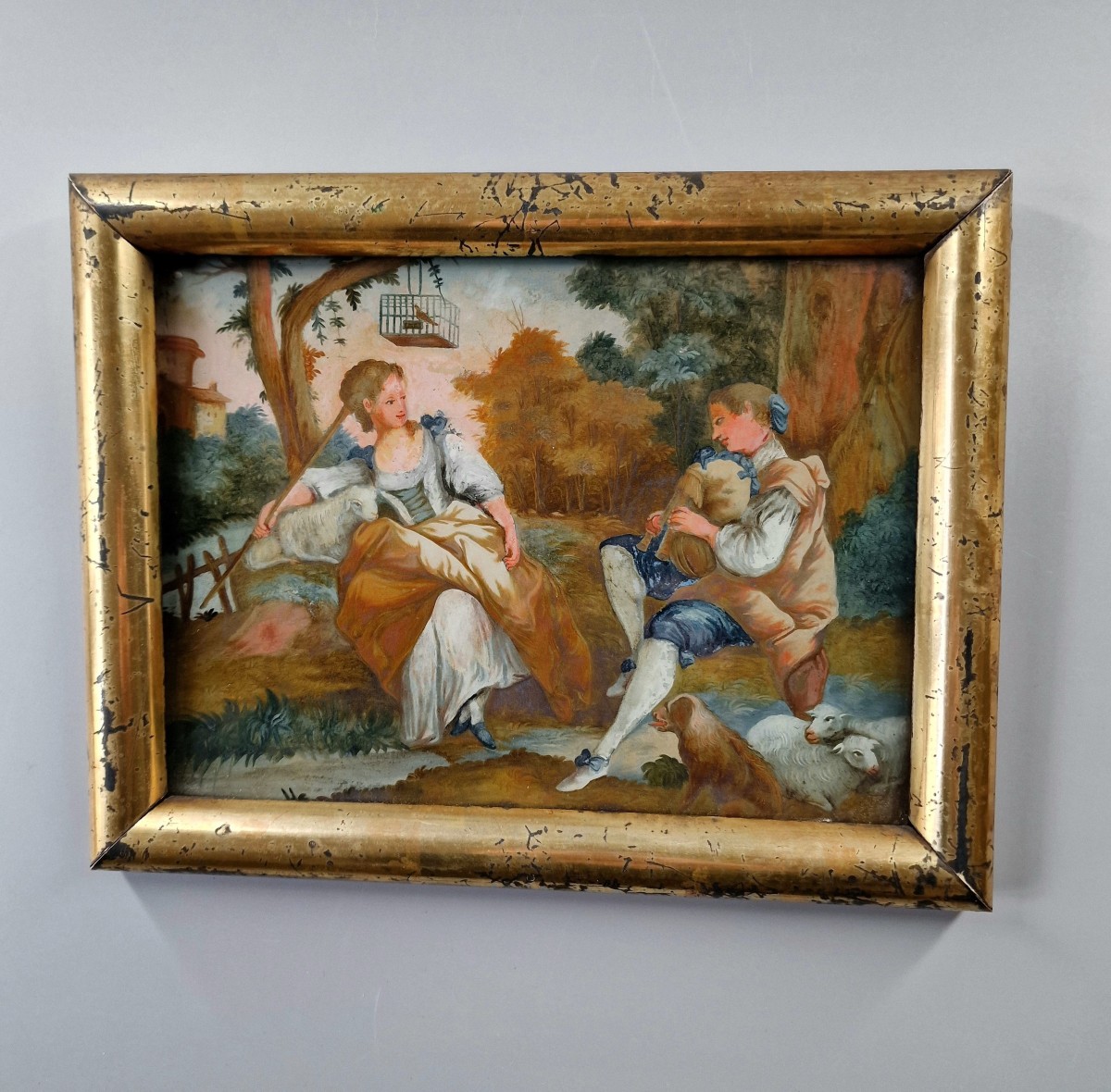 Fixé sous verre représentant une scène pastorale - Fin du XVIIIe siècle 18e-photo-3