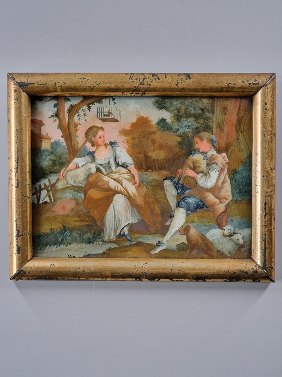 Fixé sous verre représentant une scène pastorale - Fin du XVIIIe siècle 18e