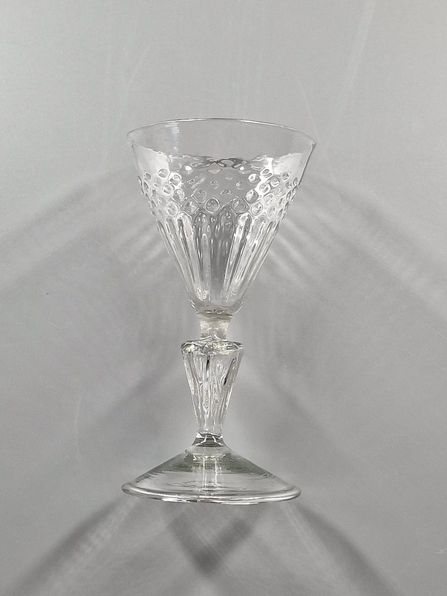 Molded Cup Glass With Rice Grain And Tab Shapes On A Grooved Hollow Stem. 18th Century-photo-5