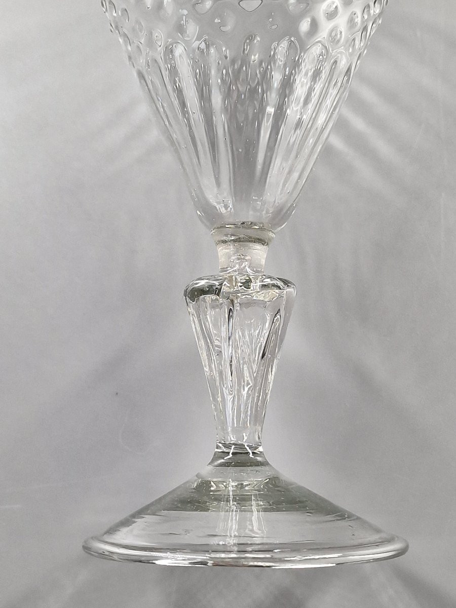 Molded Cup Glass With Rice Grain And Tab Shapes On A Grooved Hollow Stem. 18th Century-photo-7