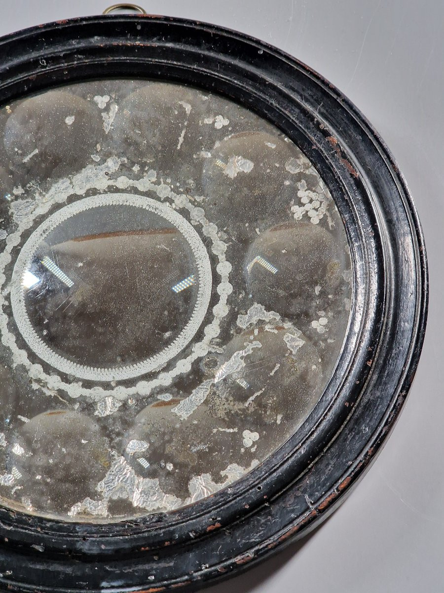 Witch's Mirror With Eleven Cupules On A Mercury Background, Molded Blackened Wood Frame - 19th Century-photo-3