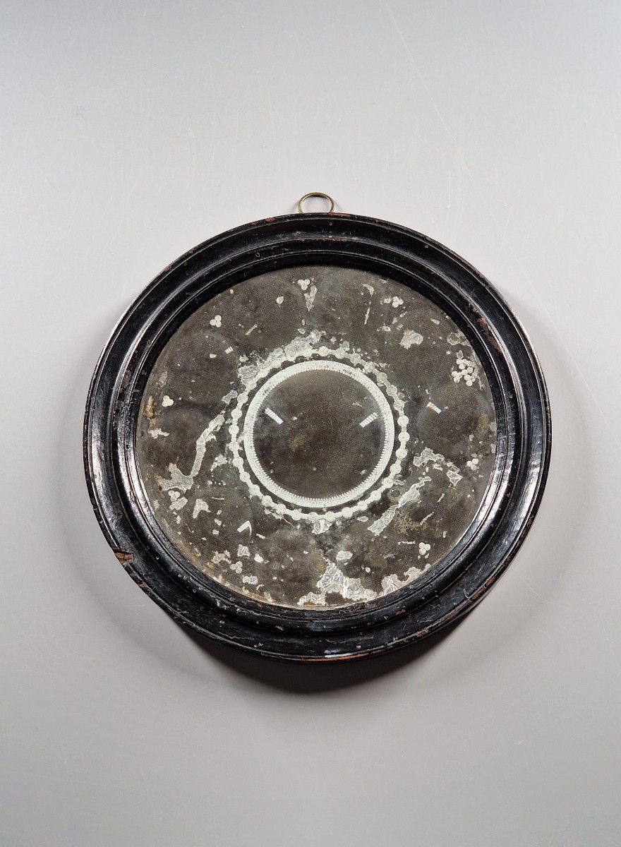 Witch's Mirror With Eleven Cupules On A Mercury Background, Molded Blackened Wood Frame - 19th Century