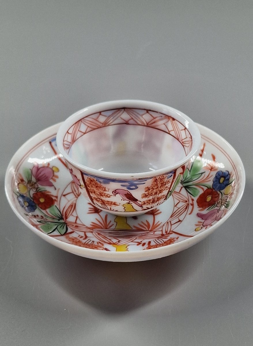 Pochon et sa soucoupe en verre opalin émaillé polychrome - Bohême ou Thuringe, XVIIIe siècle-photo-2