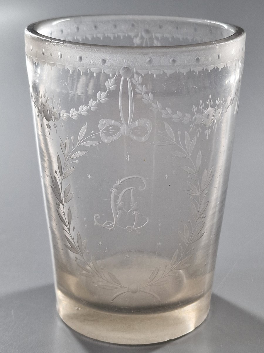 Monogrammed La Tumbler In Thick Glass Engraved With A Wheel - Late 18th Century-photo-2