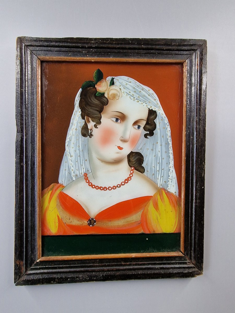Fixé sous verre représentant une jeune femme en buste - Alsace, vers 1800-photo-2