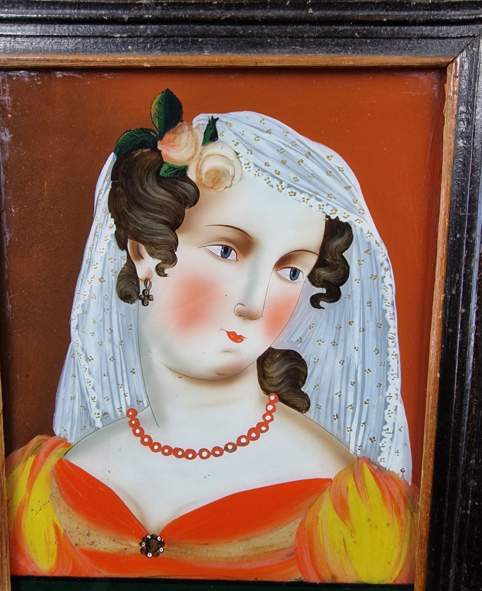 Fixé sous verre représentant une jeune femme en buste - Alsace, vers 1800-photo-3