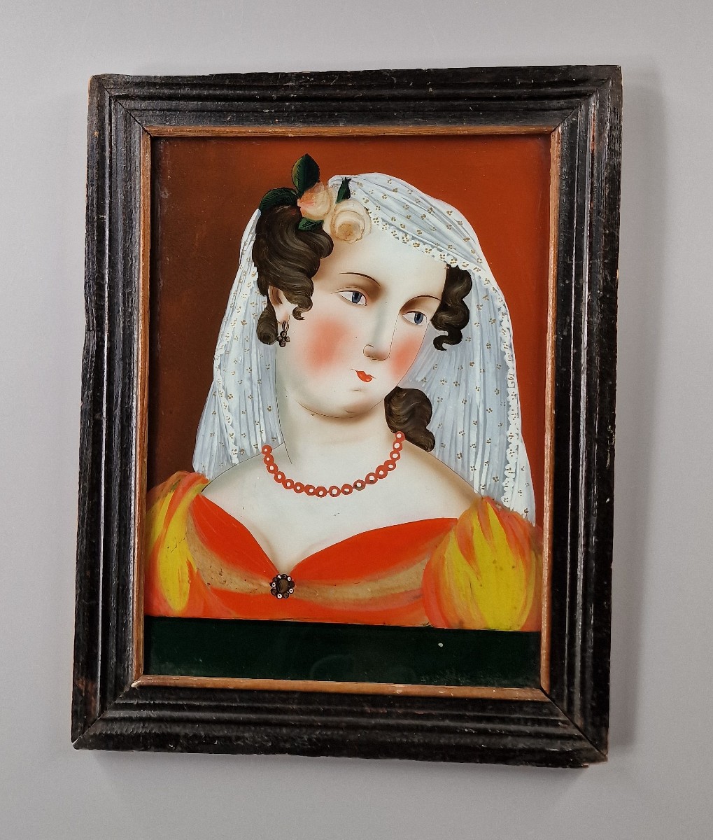 Fixé sous verre représentant une jeune femme en buste - Alsace, vers 1800