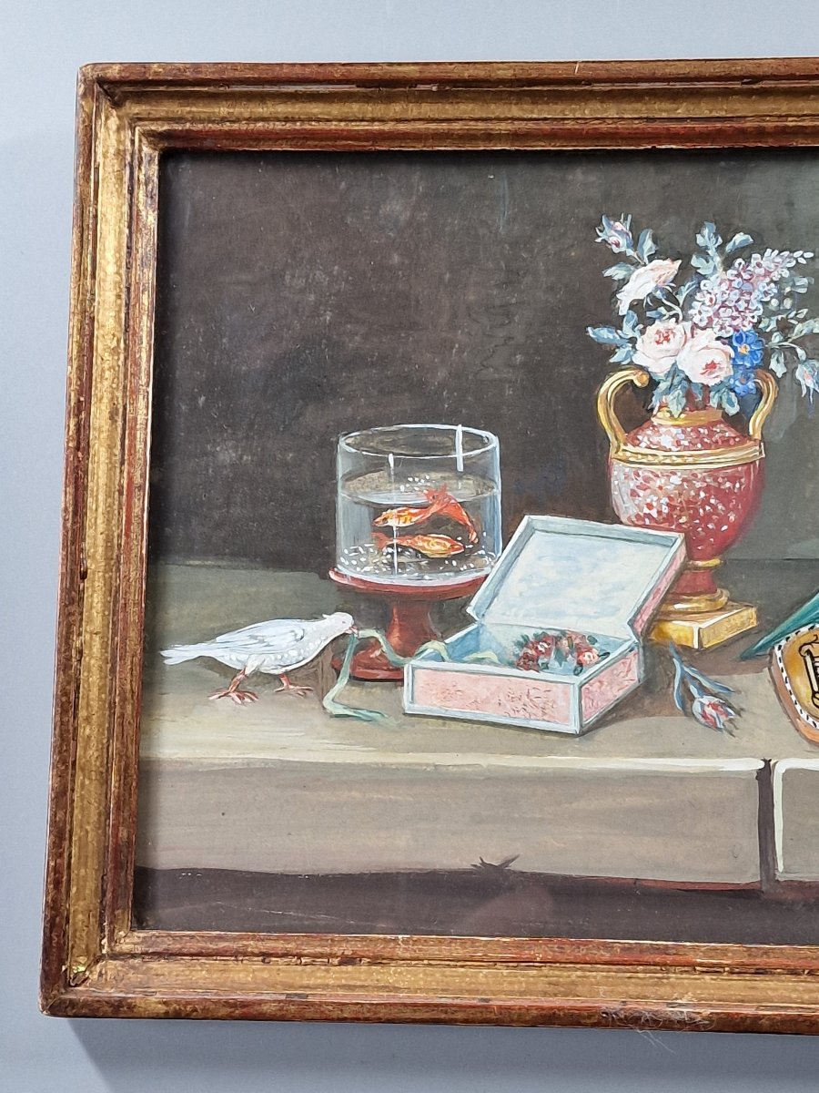 Suiveur de Lelong, XIXe siècle – Nature morte à la guitare sur un entablement – Gouache 19e-photo-3