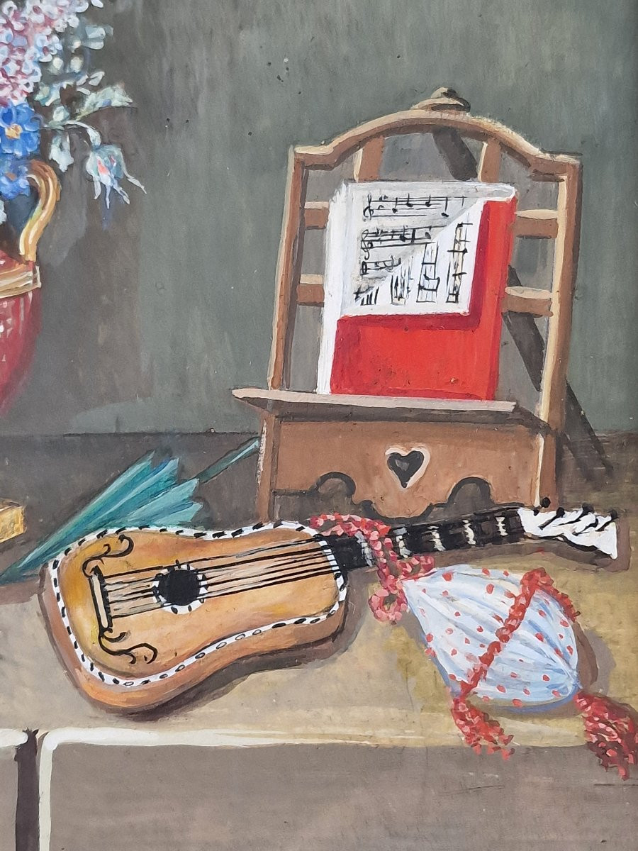 Suiveur de Lelong, XIXe siècle – Nature morte à la guitare sur un entablement – Gouache 19e-photo-4