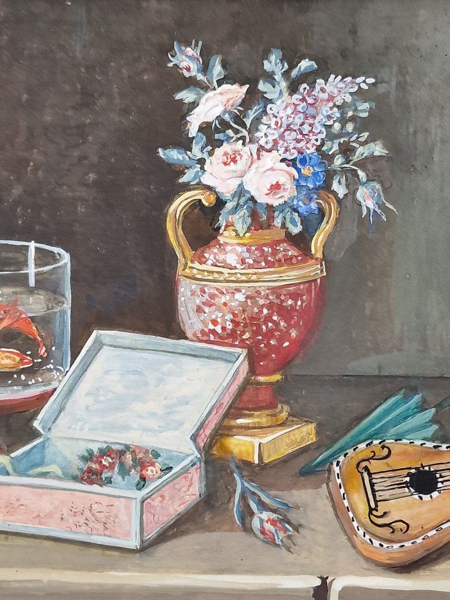 Suiveur de Lelong, XIXe siècle – Nature morte à la guitare sur un entablement – Gouache 19e-photo-1