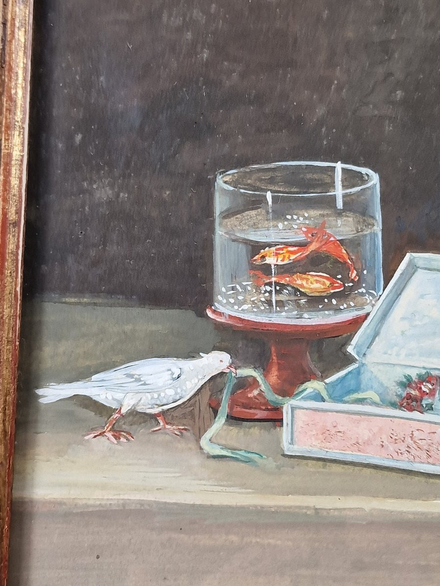 Suiveur de Lelong, XIXe siècle – Nature morte à la guitare sur un entablement – Gouache 19e-photo-2