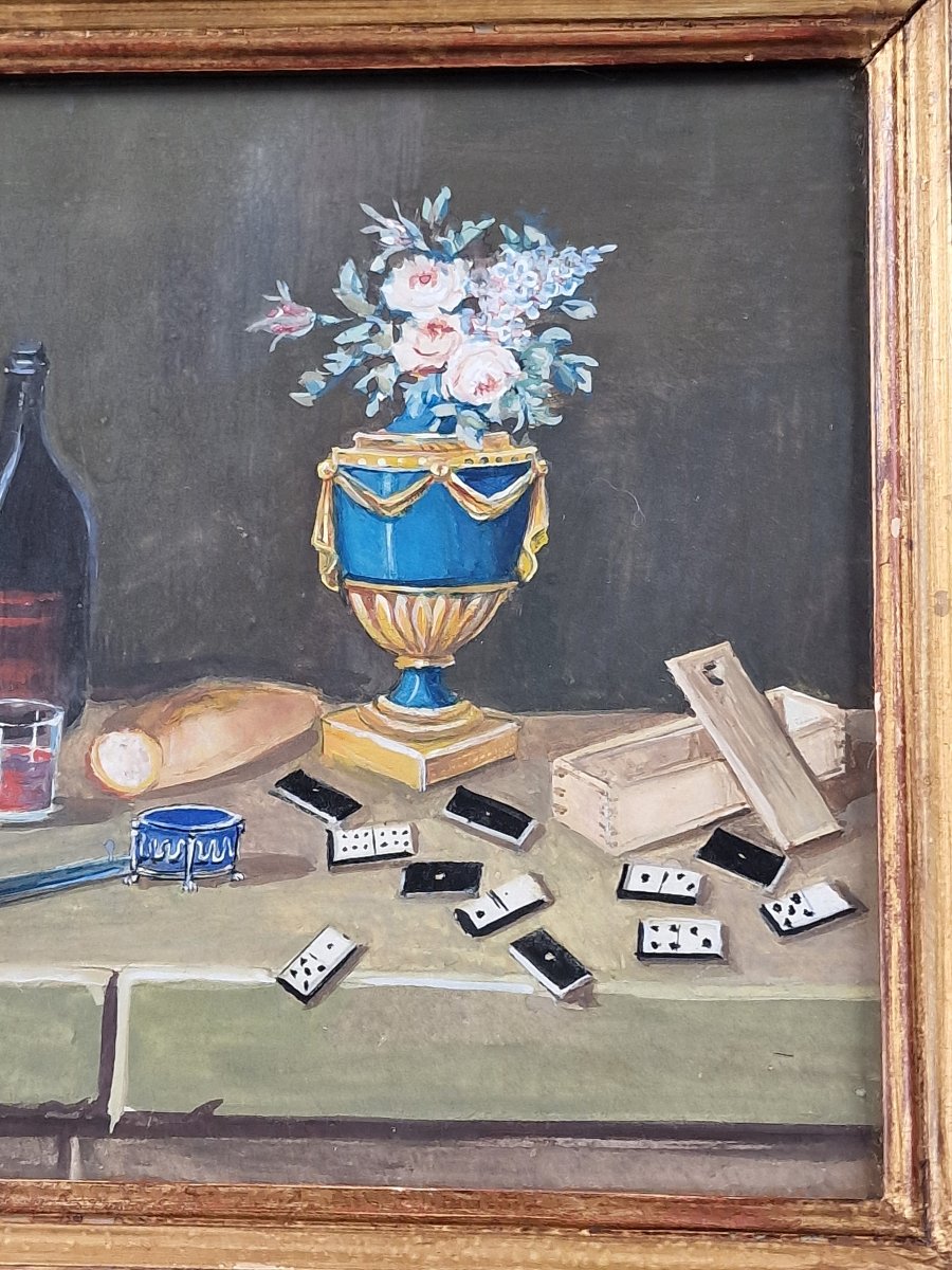 Suiveur de Lelong, XIXe siècle – Nature morte aux dominos sur un entablement – Gouache 19e-photo-2