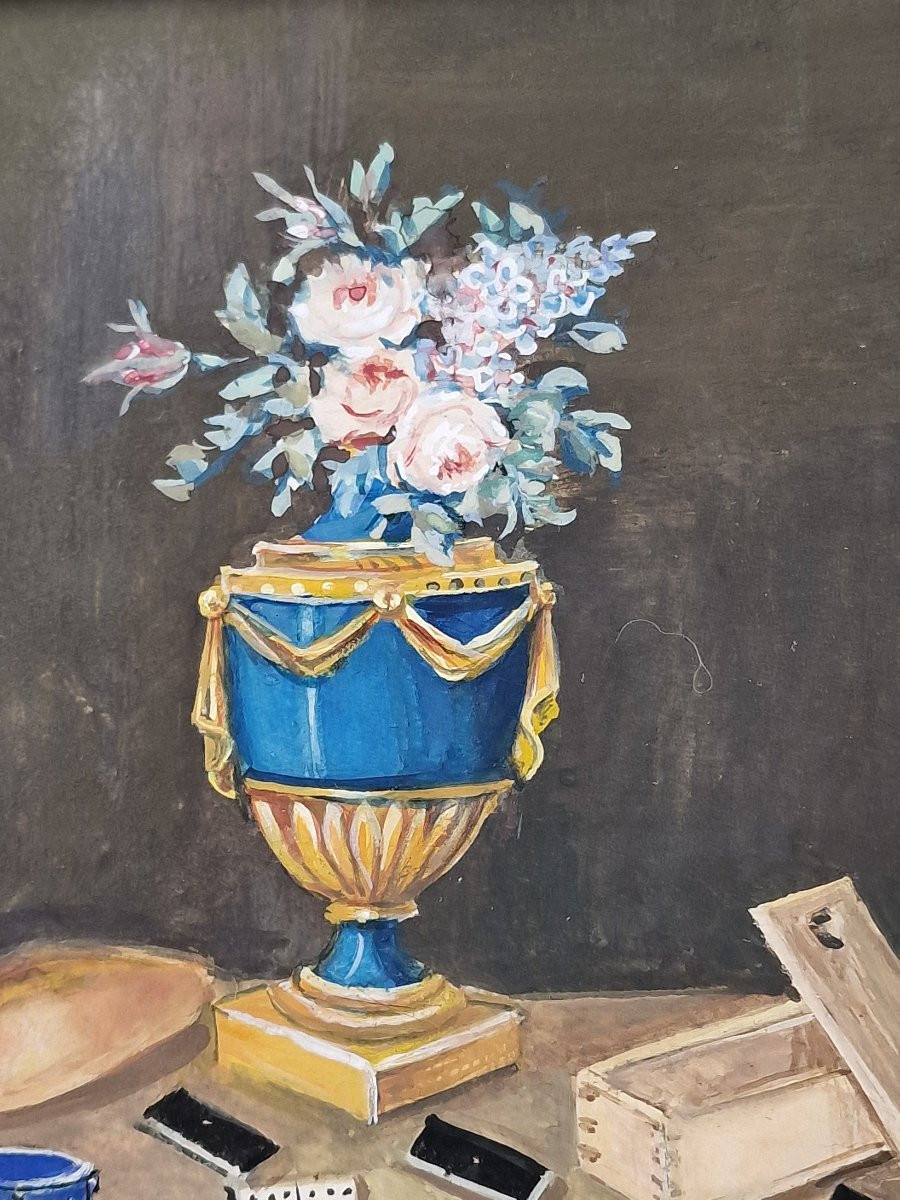 Suiveur de Lelong, XIXe siècle – Nature morte aux dominos sur un entablement – Gouache 19e-photo-4