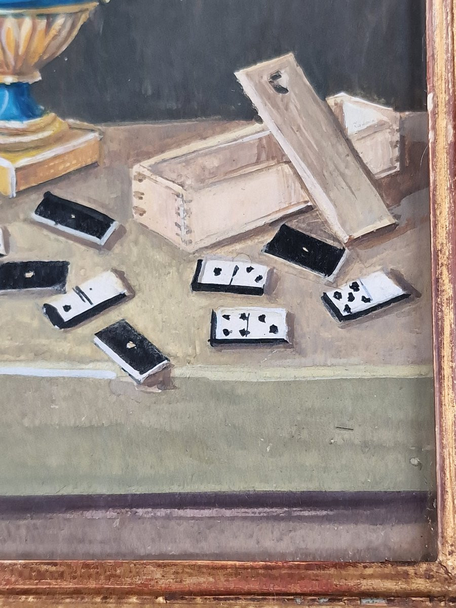 Suiveur de Lelong, XIXe siècle – Nature morte aux dominos sur un entablement – Gouache 19e-photo-3