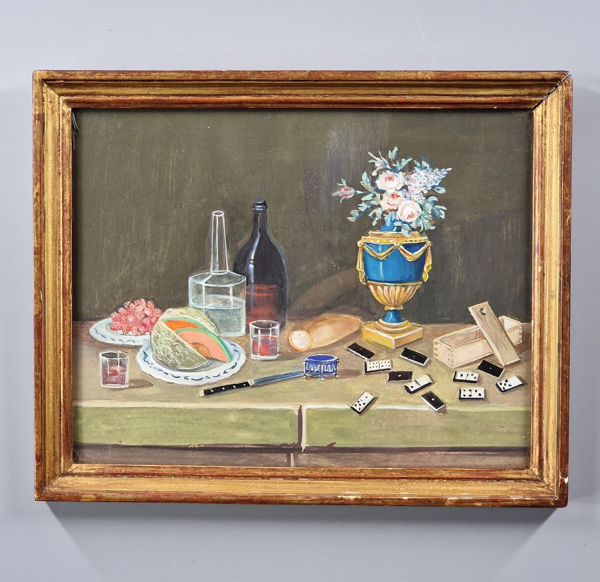 Suiveur de Lelong, XIXe siècle – Nature morte aux dominos sur un entablement – Gouache 19e