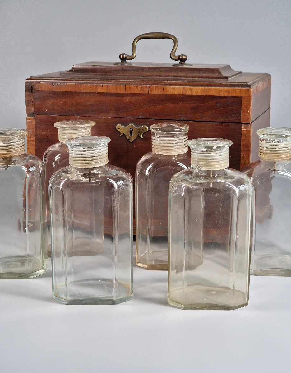 Six Octagonal Blown Glass Spirit Bottles, Rosewood Case - 18th Century 
