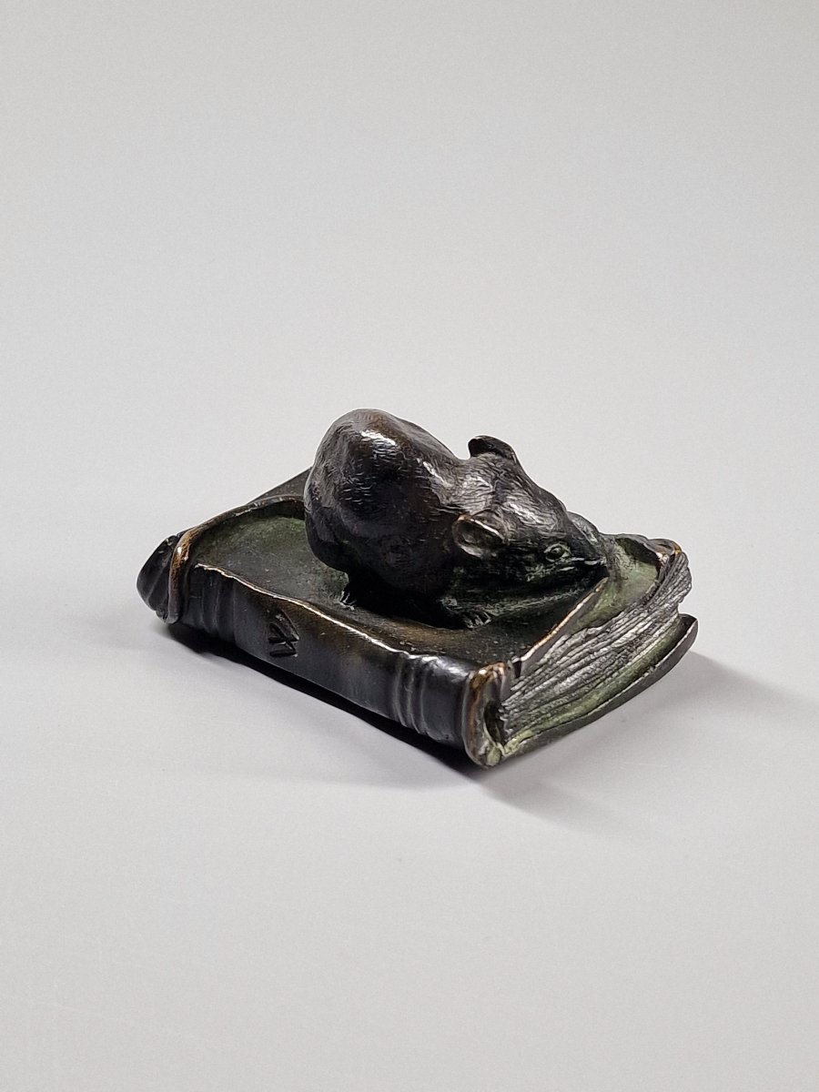 Souris grignotant un livre – Bronze patiné, fin du XIXe siècle-photo-3