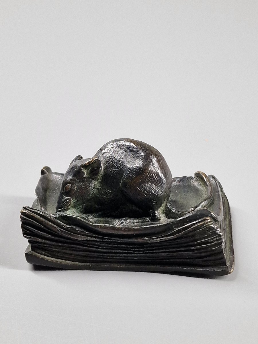 Souris grignotant un livre – Bronze patiné, fin du XIXe siècle-photo-4