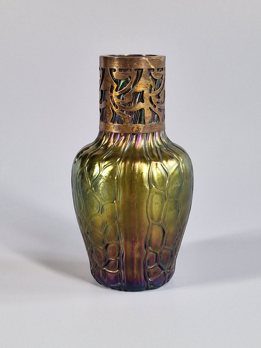 Vase Art Nouveau Jugendstil en verre soufflé irisé – Bohême Autriche, vers 1900-photo-4