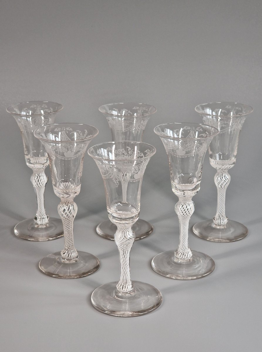 Set Of Six Glasses Engraved With White Filigree Patterns — Probably Liège, Late 18th Century