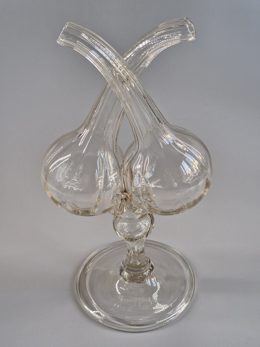 Guédoufle en verre soufflé côtelé, huilier vinaigrier sur pied balustre – XVIIIe siècle 18e-photo-2