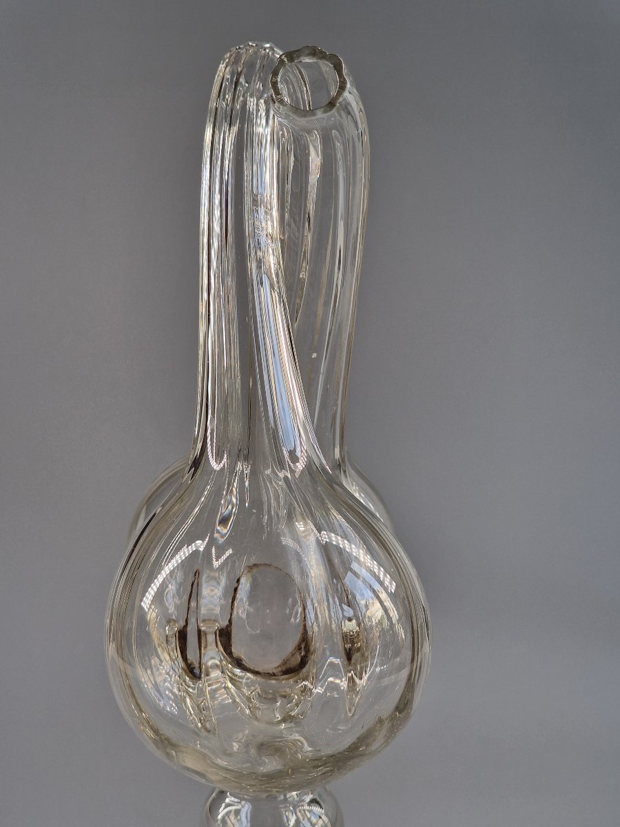 Guédoufle en verre soufflé côtelé, huilier vinaigrier sur pied balustre – XVIIIe siècle 18e-photo-1