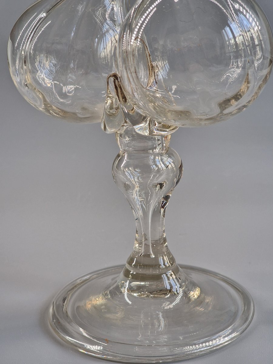 Guédoufle en verre soufflé côtelé, huilier vinaigrier sur pied balustre – XVIIIe siècle 18e-photo-2