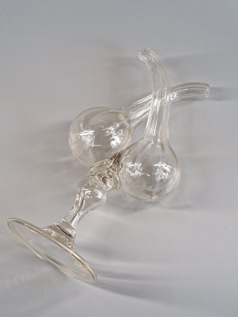 Guédoufle en verre soufflé côtelé, huilier vinaigrier sur pied balustre – XVIIIe siècle 18e-photo-3