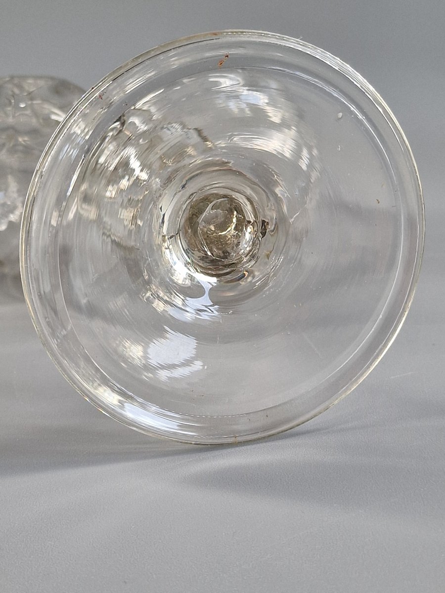 Guédoufle en verre soufflé côtelé, huilier vinaigrier sur pied balustre – XVIIIe siècle 18e-photo-4