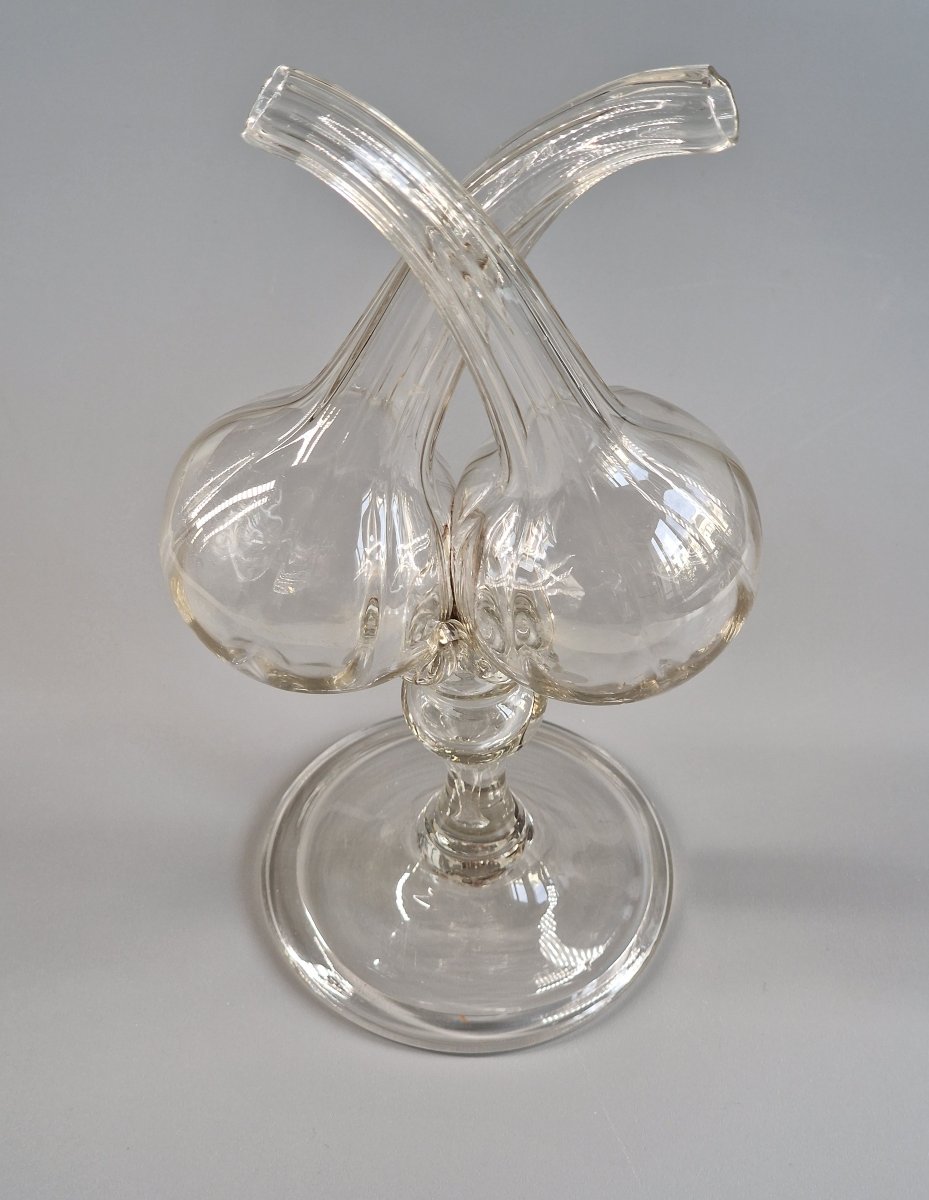 Guédoufle en verre soufflé côtelé, huilier vinaigrier sur pied balustre – XVIIIe siècle 18e-photo-8