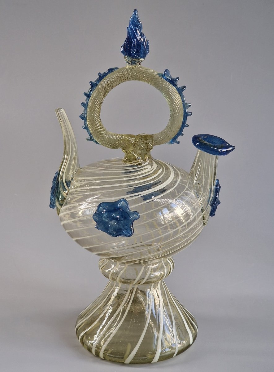 Hand-blown Glass Cantir With White Filigree And Blue Inlays – Catalonia, Late 17th Century
