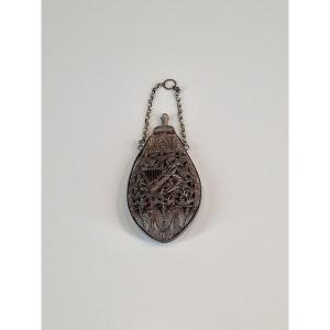 Perfume Bottle Made From A Coconut Shell Carved With Musical Instruments - 19th Century