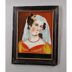 Reverse Glass Painting With A Bust Of A Young Woman - Alsace, Circa 1800