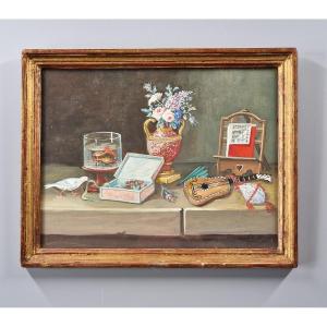 Follower Of Lelong, 19th Century - Still Life With A Guitar On An Entablature - 19th Century Gouache