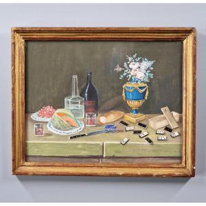 Follower Of Lelong, 19th Century - Still Life With Dominoes On An Entablature - 19th Century Gouache