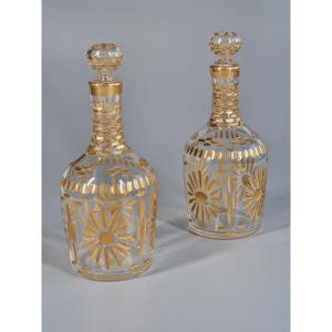 Paire de flacons en verre taillé de pastilles et rosaces or - XIXe siècle 19e
