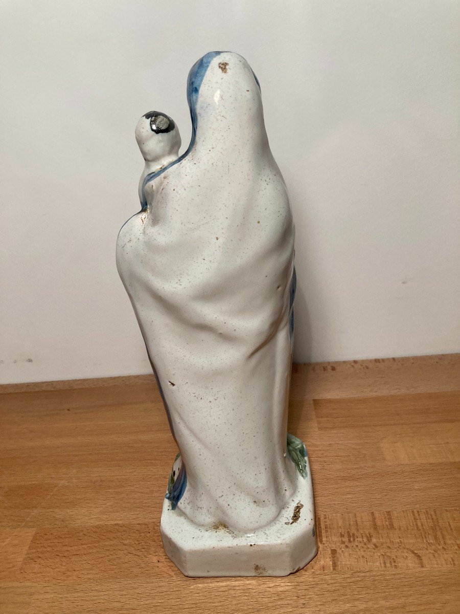 Statuette Of The Virgin And Child In Rennes Earthenware, 19th Century-photo-2