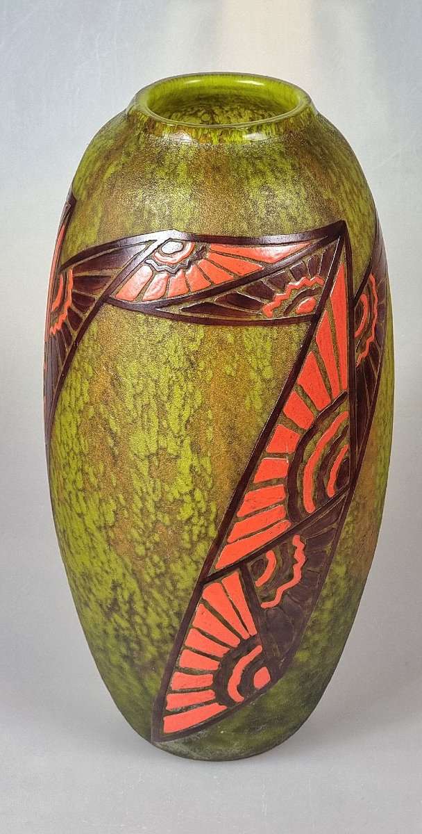 38 Cm High French Art Glassware: Legras Art Deco Style,  Frosted And Enameled-photo-2