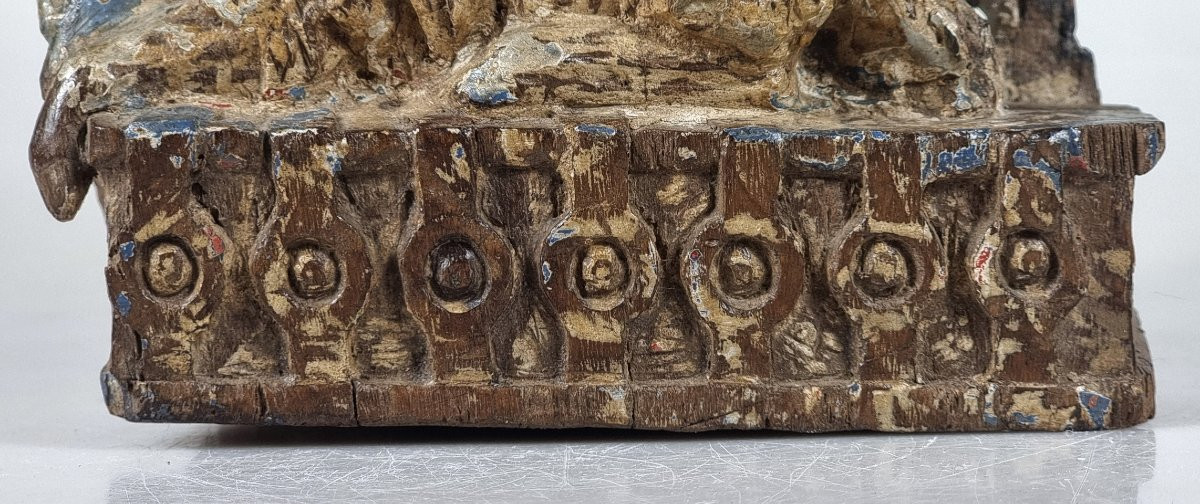 Ancien Agneau De Dieu En Bois Polychrome – Pièce D’autel Du XVIIIe Siècle – 31,5 Cm De Haut-photo-2