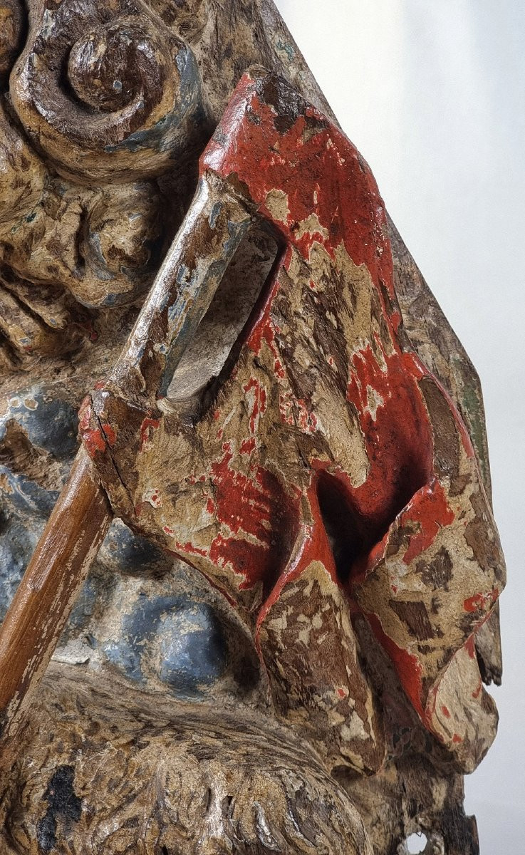 Ancien Agneau De Dieu En Bois Polychrome – Pièce D’autel Du XVIIIe Siècle – 31,5 Cm De Haut-photo-4
