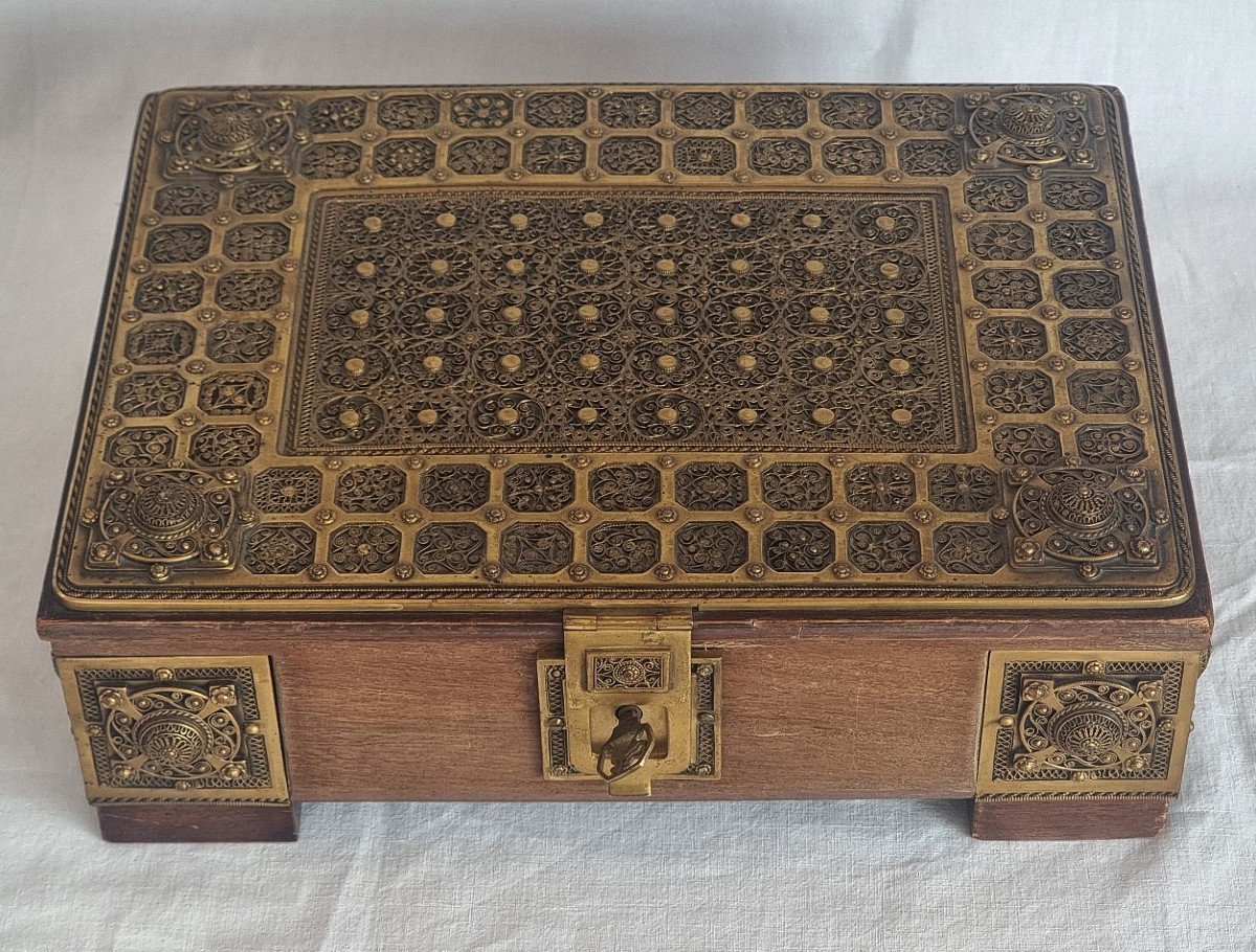 Antique German Erhard & Söhne Filigree Gilt Brass Jewelry Box
