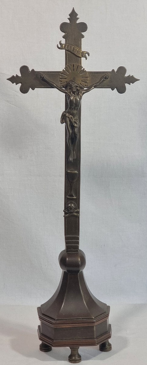 Crucifix En Bronze – 59,5 Cm De Haut – Avec Christ En Croix, Calice Et Crâne Ave