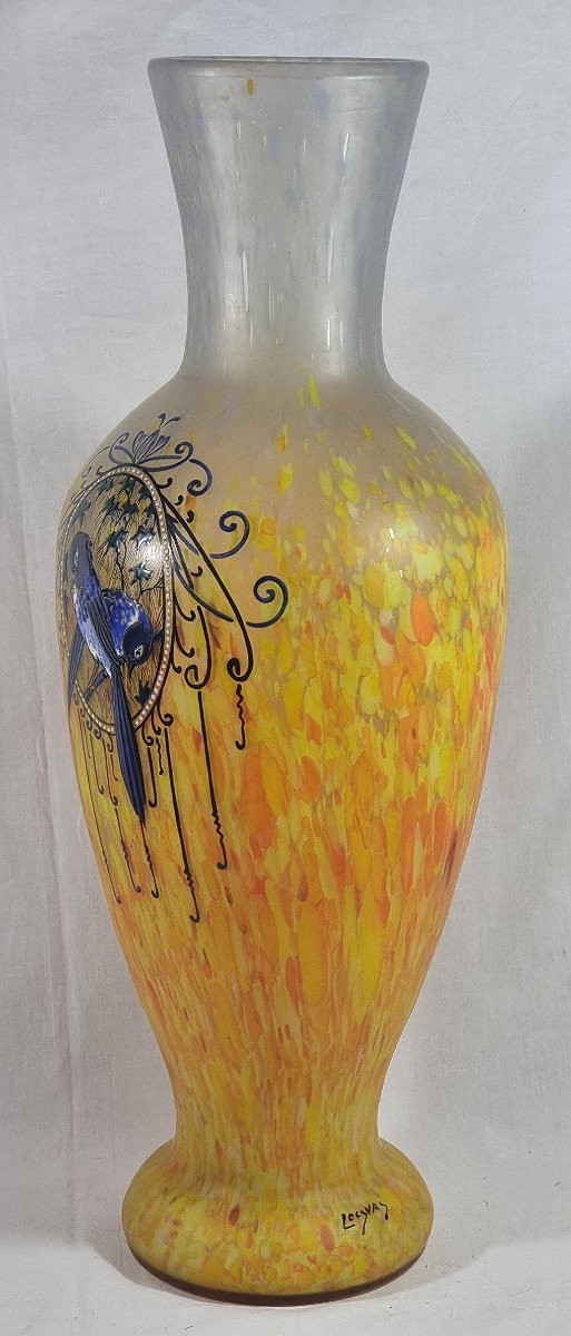 Large Art Nouveau Legras Vase – Printania Series – Enamel Birds-photo-2