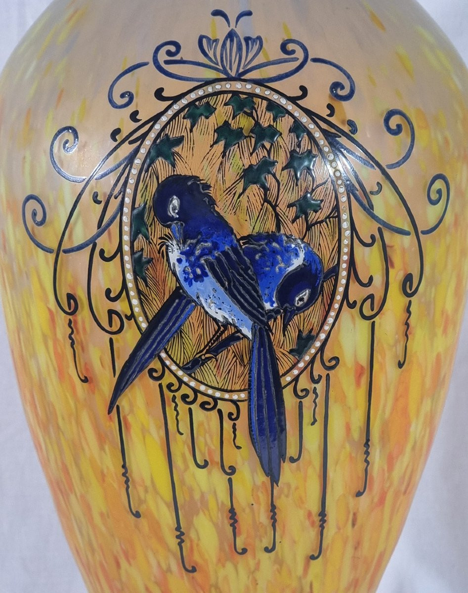 Large Art Nouveau Legras Vase – Printania Series – Enamel Birds-photo-4