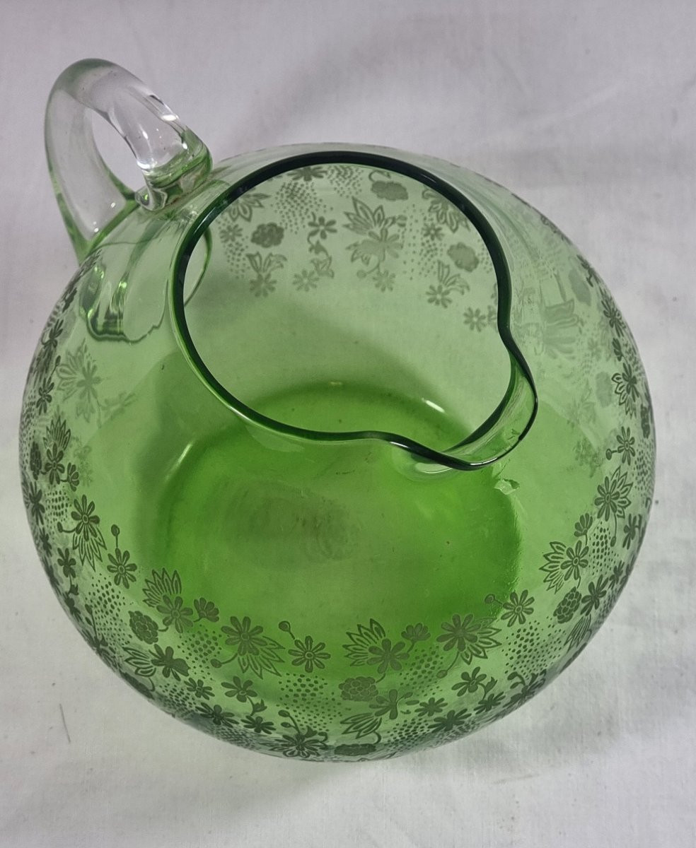 Baccarat Green Glass Pitcher – Signed, Elisabeth Millefiori Floral Decoration-photo-3