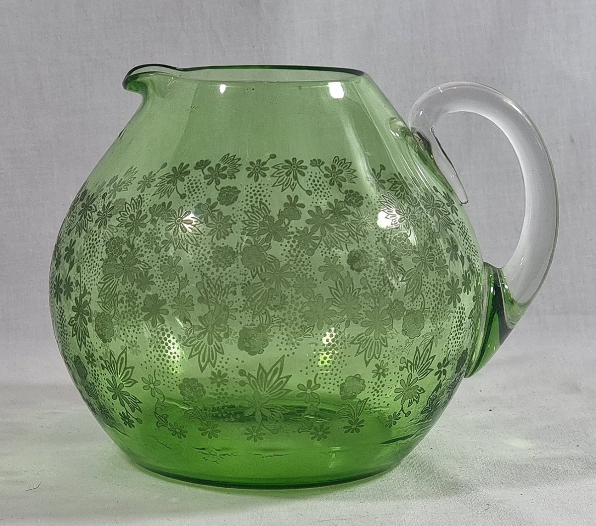 Baccarat Green Glass Pitcher – Signed, Elisabeth Millefiori Floral Decoration-photo-6