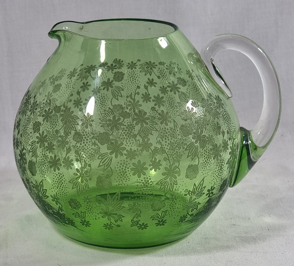 Baccarat Green Glass Pitcher – Signed, Elisabeth Millefiori Floral Decoration