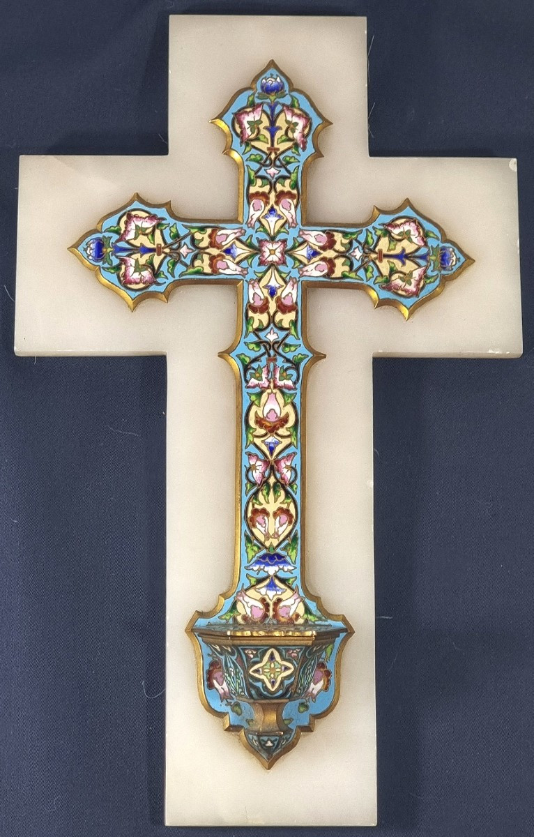 Ancien bénitier français Art Nouveau en onyx et cloisonné / émail, doré à l’or fin – vers 1880